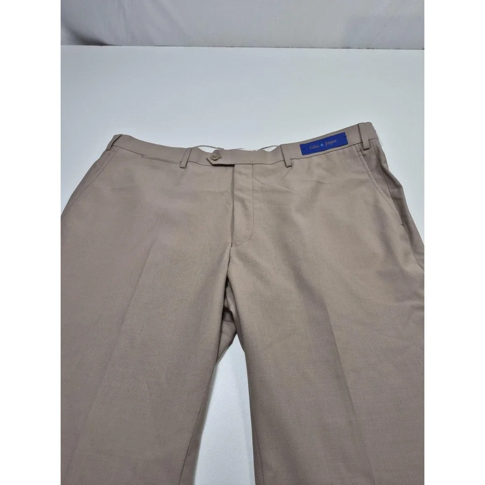 Giles & Jasper Suit Pants Mens 42x36 Beige Wool Stretch Dress Unhemmed NWT